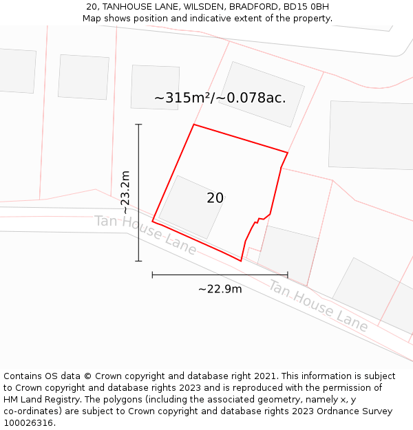 20, TANHOUSE LANE, WILSDEN, BRADFORD, BD15 0BH: Plot and title map