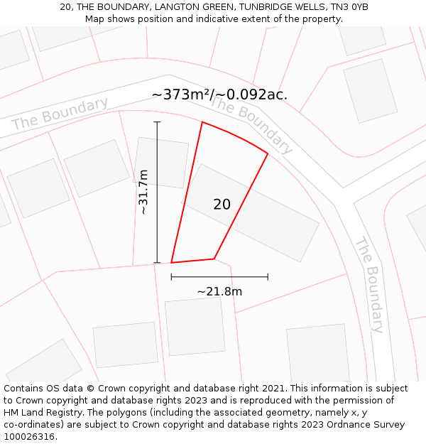 20, THE BOUNDARY, LANGTON GREEN, TUNBRIDGE WELLS, TN3 0YB: Plot and title map