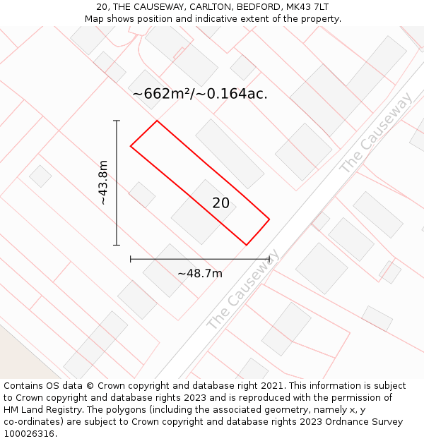 20, THE CAUSEWAY, CARLTON, BEDFORD, MK43 7LT: Plot and title map