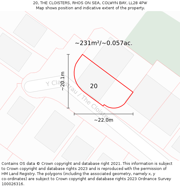 20, THE CLOISTERS, RHOS ON SEA, COLWYN BAY, LL28 4PW: Plot and title map