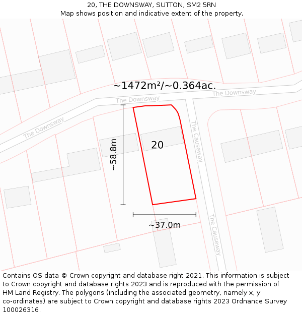 20, THE DOWNSWAY, SUTTON, SM2 5RN: Plot and title map