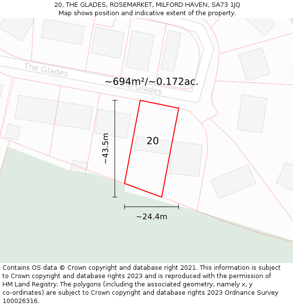 20, THE GLADES, ROSEMARKET, MILFORD HAVEN, SA73 1JQ: Plot and title map