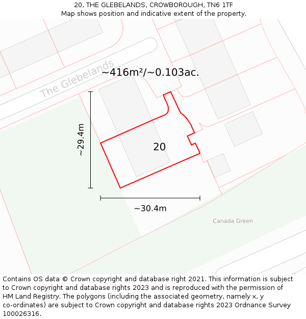 20, THE GLEBELANDS, CROWBOROUGH, TN6 1TF: Plot and title map