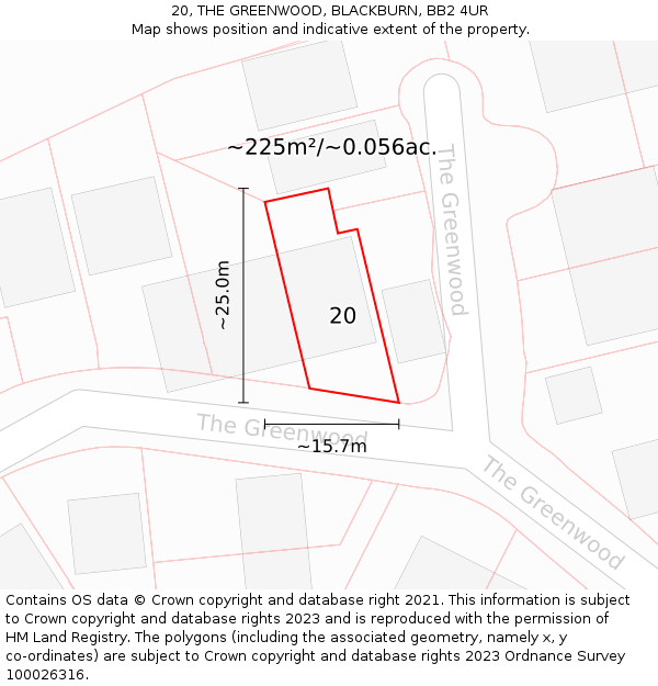 20, THE GREENWOOD, BLACKBURN, BB2 4UR: Plot and title map