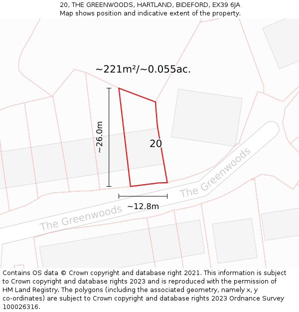 20, THE GREENWOODS, HARTLAND, BIDEFORD, EX39 6JA: Plot and title map