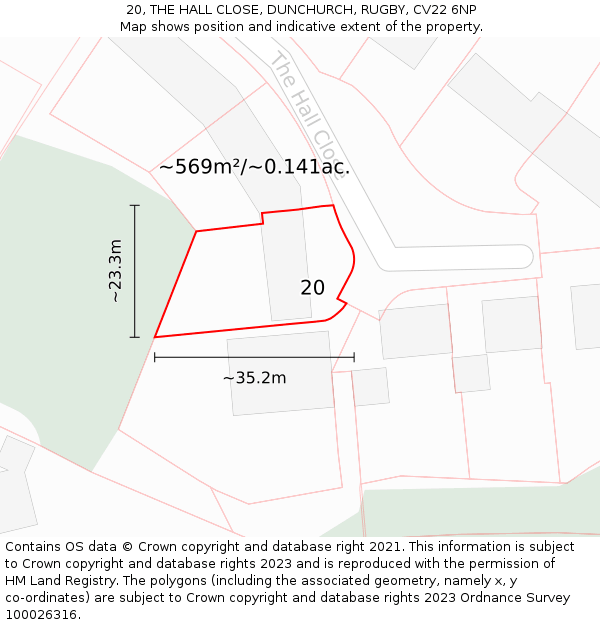 20, THE HALL CLOSE, DUNCHURCH, RUGBY, CV22 6NP: Plot and title map