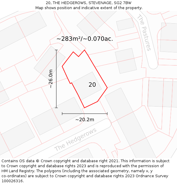 20, THE HEDGEROWS, STEVENAGE, SG2 7BW: Plot and title map