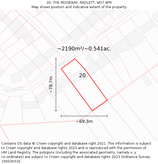 20, THE RIDGEWAY, RADLETT, WD7 8PR: Plot and title map