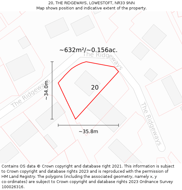 20, THE RIDGEWAYS, LOWESTOFT, NR33 9NN: Plot and title map