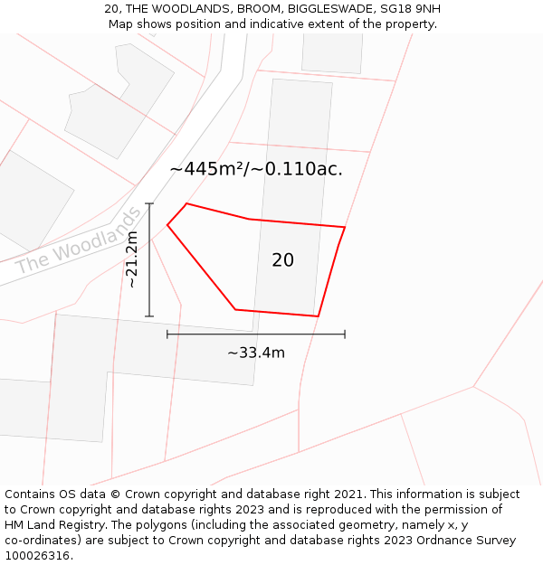 20, THE WOODLANDS, BROOM, BIGGLESWADE, SG18 9NH: Plot and title map