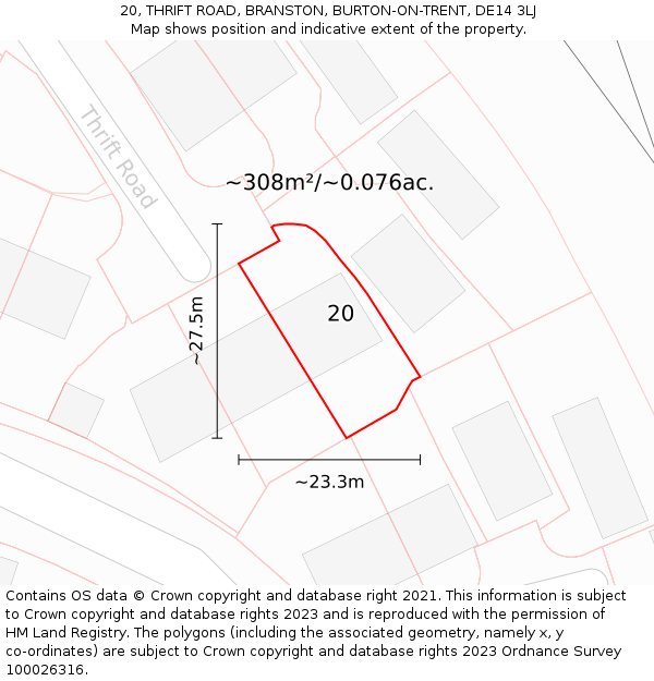 20, THRIFT ROAD, BRANSTON, BURTON-ON-TRENT, DE14 3LJ: Plot and title map