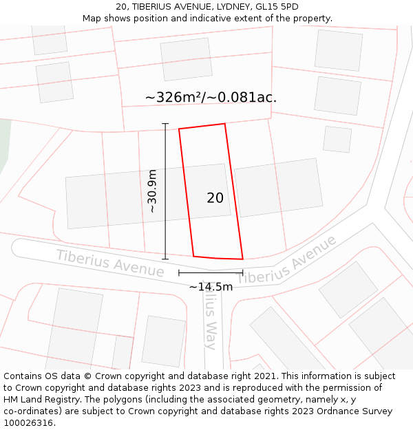 20, TIBERIUS AVENUE, LYDNEY, GL15 5PD: Plot and title map