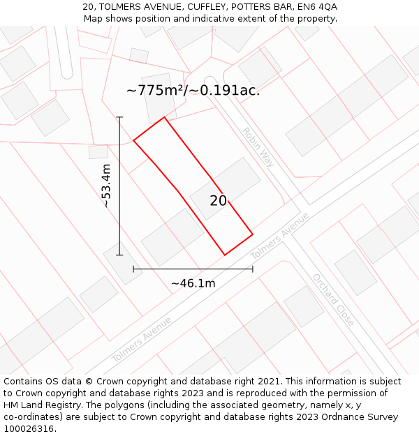 20, TOLMERS AVENUE, CUFFLEY, POTTERS BAR, EN6 4QA: Plot and title map