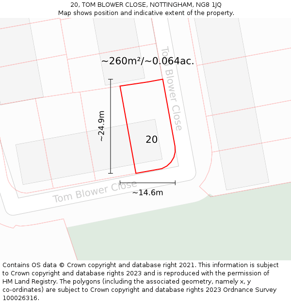 20, TOM BLOWER CLOSE, NOTTINGHAM, NG8 1JQ: Plot and title map