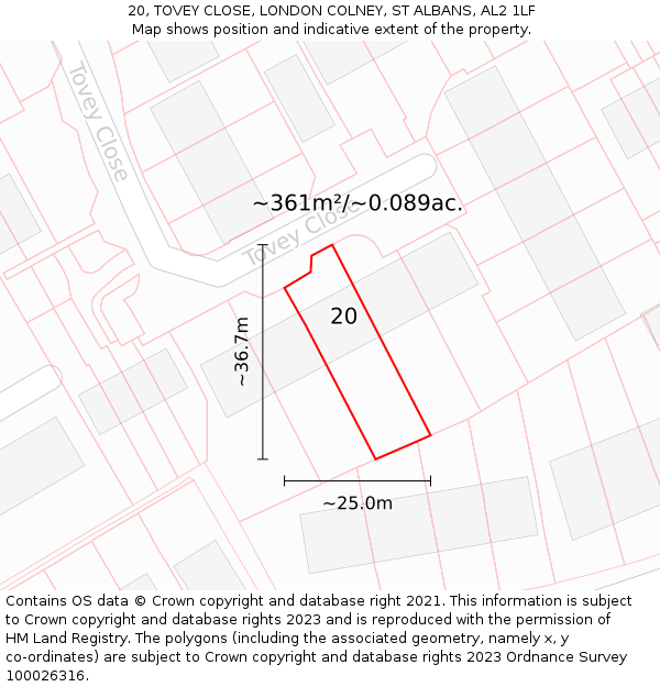 20, TOVEY CLOSE, LONDON COLNEY, ST ALBANS, AL2 1LF: Plot and title map