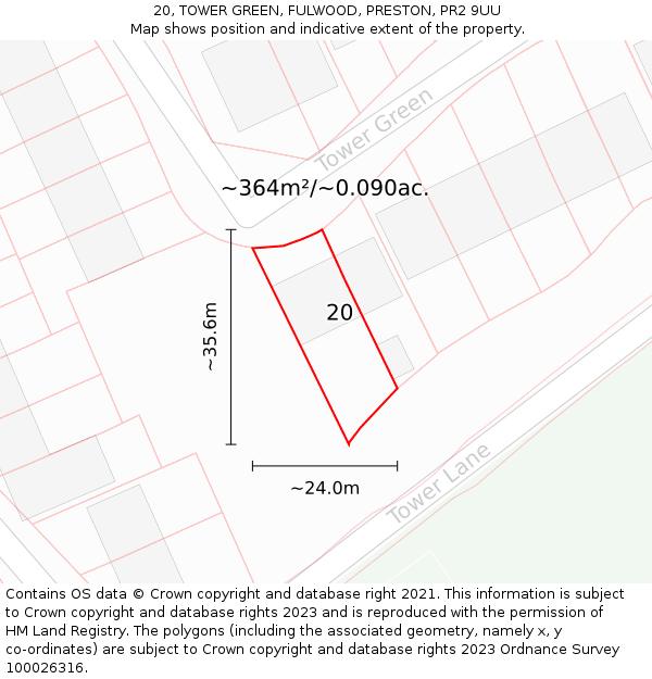 20, TOWER GREEN, FULWOOD, PRESTON, PR2 9UU: Plot and title map