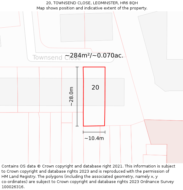 20, TOWNSEND CLOSE, LEOMINSTER, HR6 8QH: Plot and title map