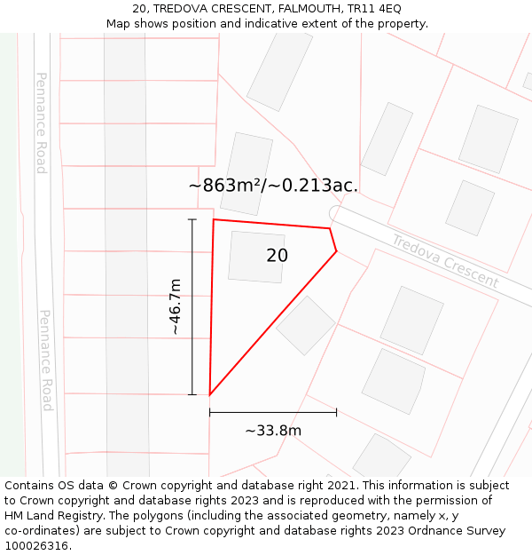 20, TREDOVA CRESCENT, FALMOUTH, TR11 4EQ: Plot and title map