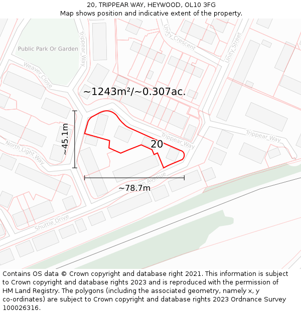 20, TRIPPEAR WAY, HEYWOOD, OL10 3FG: Plot and title map