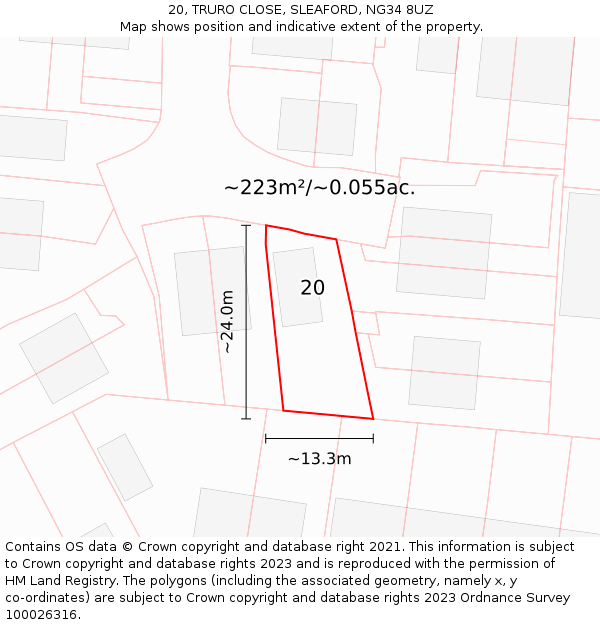 20, TRURO CLOSE, SLEAFORD, NG34 8UZ: Plot and title map