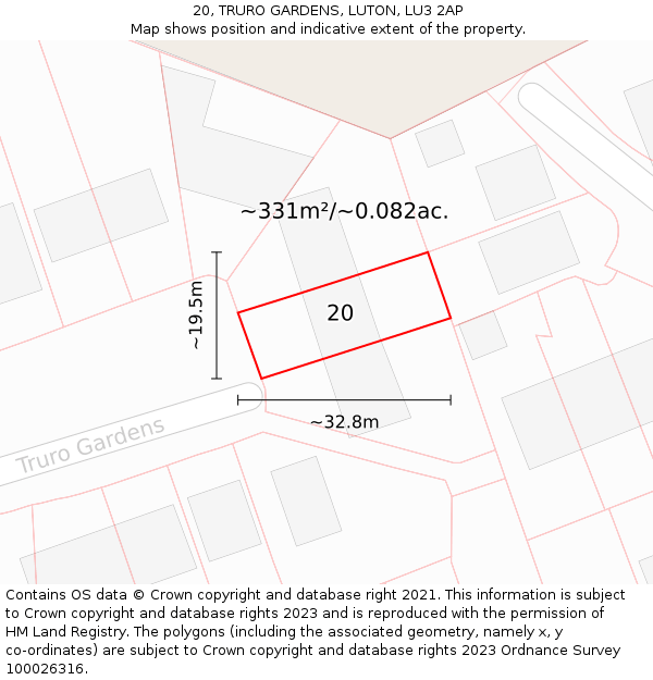 20, TRURO GARDENS, LUTON, LU3 2AP: Plot and title map