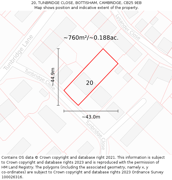 20, TUNBRIDGE CLOSE, BOTTISHAM, CAMBRIDGE, CB25 9EB: Plot and title map