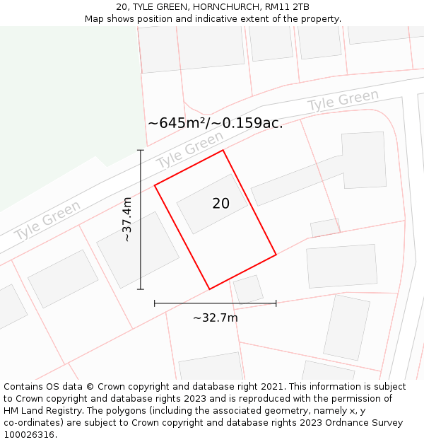 20, TYLE GREEN, HORNCHURCH, RM11 2TB: Plot and title map