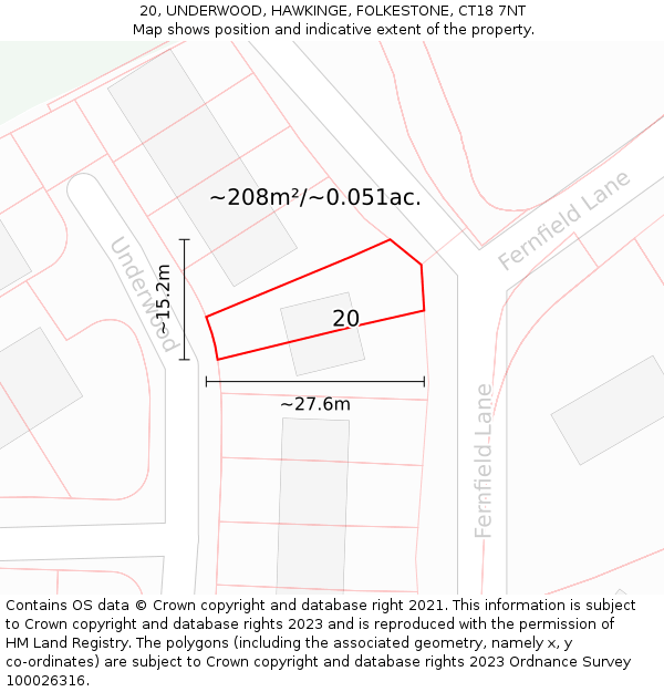 20, UNDERWOOD, HAWKINGE, FOLKESTONE, CT18 7NT: Plot and title map