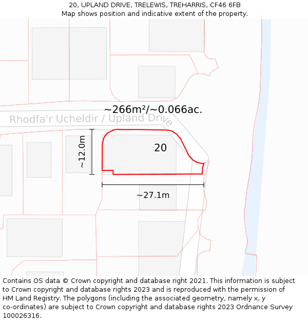 20, UPLAND DRIVE, TRELEWIS, TREHARRIS, CF46 6FB: Plot and title map