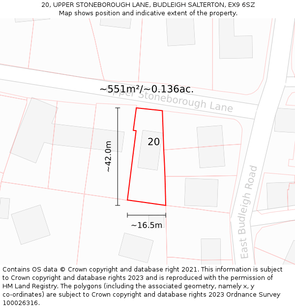 20, UPPER STONEBOROUGH LANE, BUDLEIGH SALTERTON, EX9 6SZ: Plot and title map