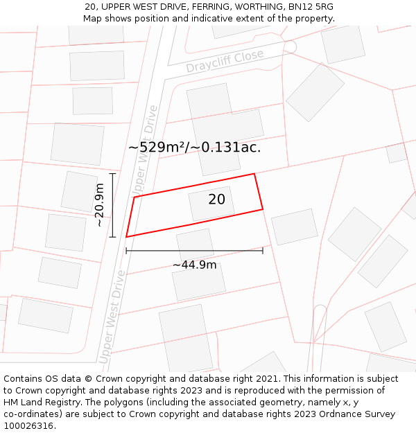 20, UPPER WEST DRIVE, FERRING, WORTHING, BN12 5RG: Plot and title map