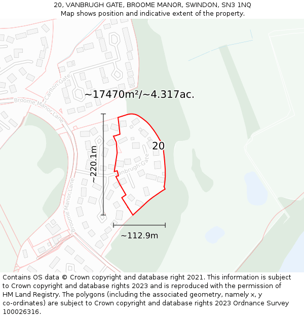 20, VANBRUGH GATE, BROOME MANOR, SWINDON, SN3 1NQ: Plot and title map