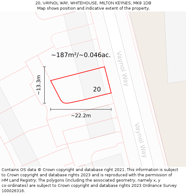 20, VAYNOL WAY, WHITEHOUSE, MILTON KEYNES, MK8 1DB: Plot and title map