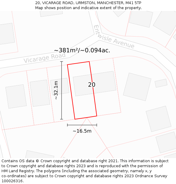 20, VICARAGE ROAD, URMSTON, MANCHESTER, M41 5TP: Plot and title map