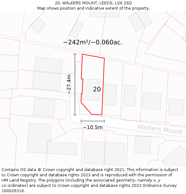 20, WALKERS MOUNT, LEEDS, LS6 2SD: Plot and title map