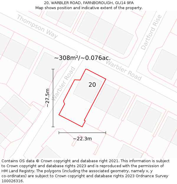 20, WARBLER ROAD, FARNBOROUGH, GU14 9FA: Plot and title map