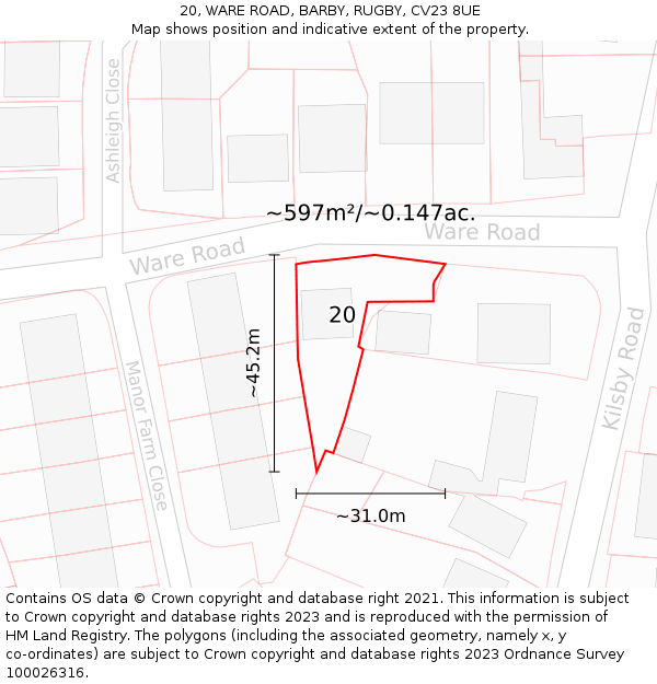 20, WARE ROAD, BARBY, RUGBY, CV23 8UE: Plot and title map