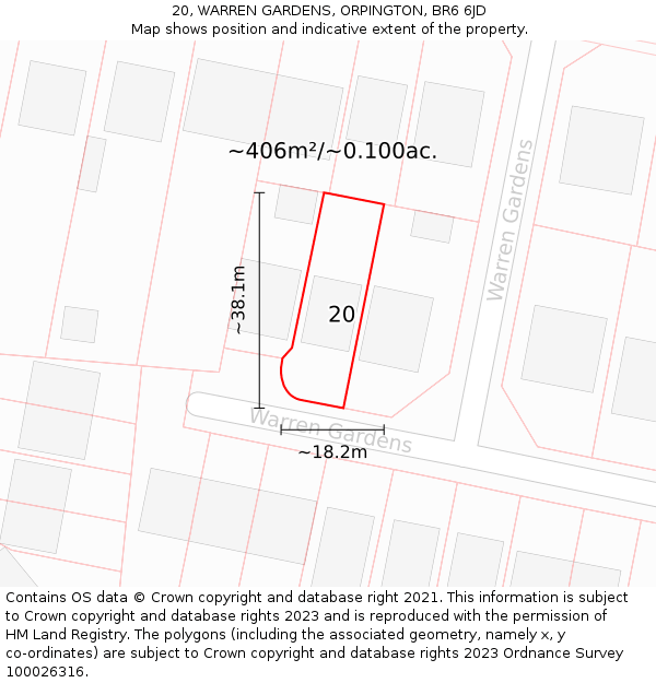 20, WARREN GARDENS, ORPINGTON, BR6 6JD: Plot and title map