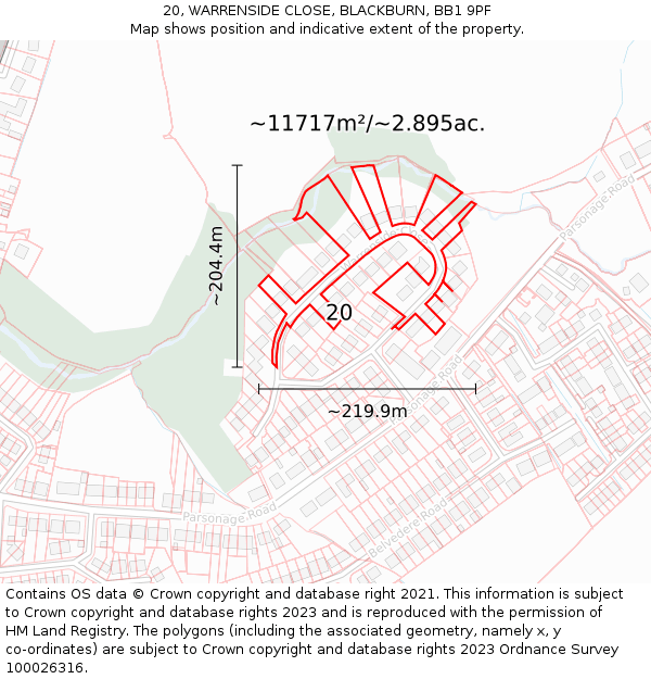 20, WARRENSIDE CLOSE, BLACKBURN, BB1 9PF: Plot and title map