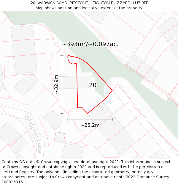 20, WARWICK ROAD, PITSTONE, LEIGHTON BUZZARD, LU7 9FE: Plot and title map