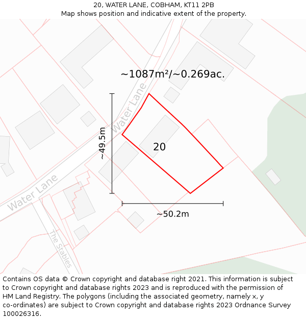 20, WATER LANE, COBHAM, KT11 2PB: Plot and title map