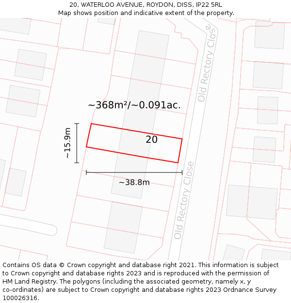 20, WATERLOO AVENUE, ROYDON, DISS, IP22 5RL: Plot and title map