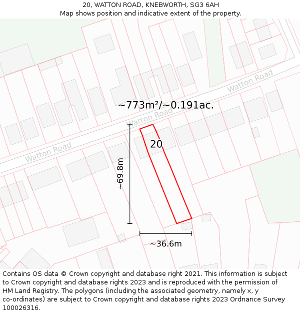 20, WATTON ROAD, KNEBWORTH, SG3 6AH: Plot and title map