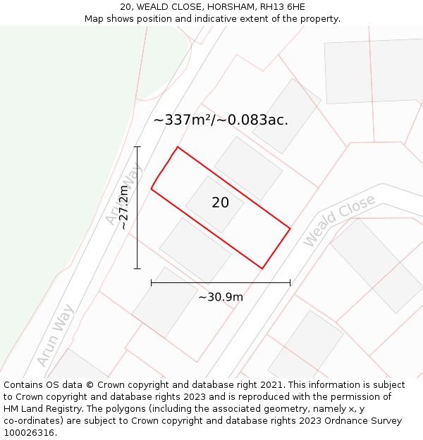 20, WEALD CLOSE, HORSHAM, RH13 6HE: Plot and title map