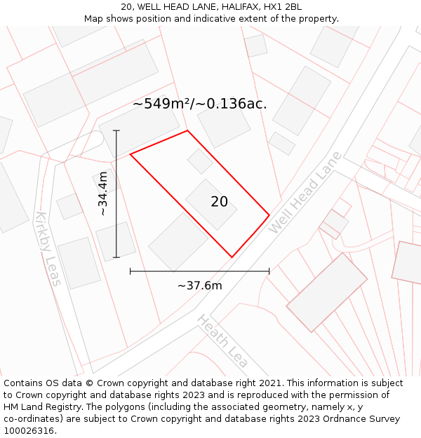 20, WELL HEAD LANE, HALIFAX, HX1 2BL: Plot and title map