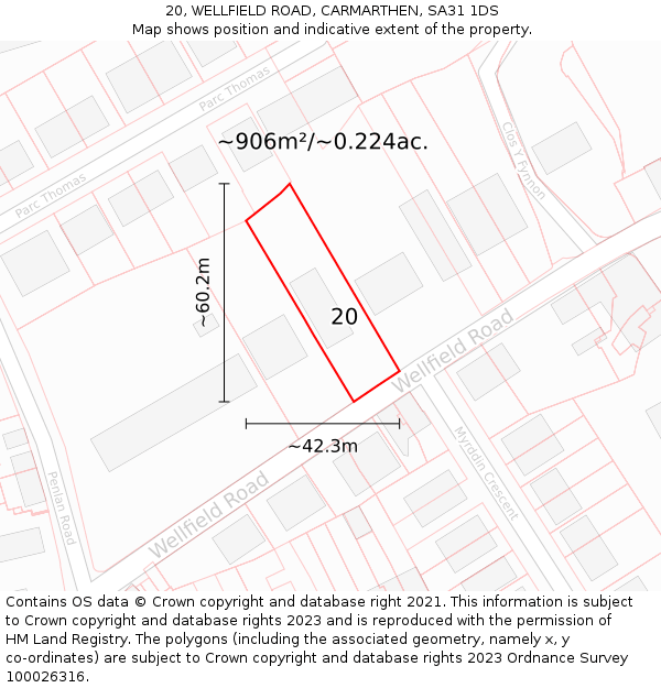 20, WELLFIELD ROAD, CARMARTHEN, SA31 1DS: Plot and title map