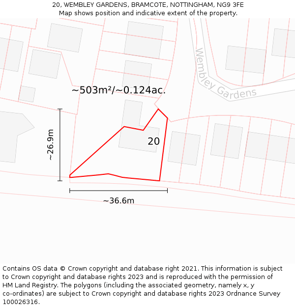 20, WEMBLEY GARDENS, BRAMCOTE, NOTTINGHAM, NG9 3FE: Plot and title map