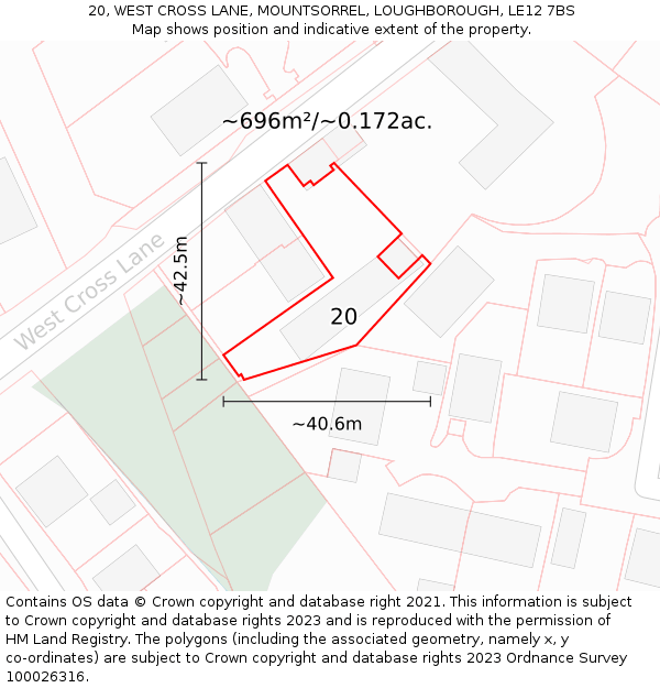 20, WEST CROSS LANE, MOUNTSORREL, LOUGHBOROUGH, LE12 7BS: Plot and title map