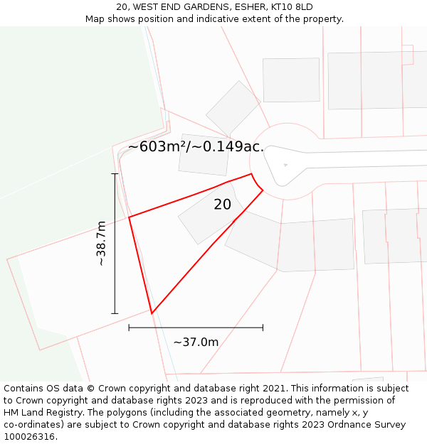 20, WEST END GARDENS, ESHER, KT10 8LD: Plot and title map