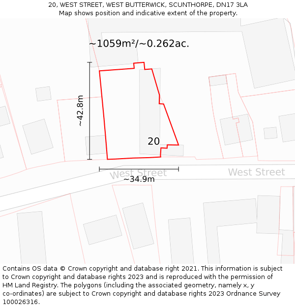 20, WEST STREET, WEST BUTTERWICK, SCUNTHORPE, DN17 3LA: Plot and title map